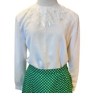 Retro Susan Hutton Embroidered Jewel Neck Blouse Size 8 Petite Cream Long Sleeve